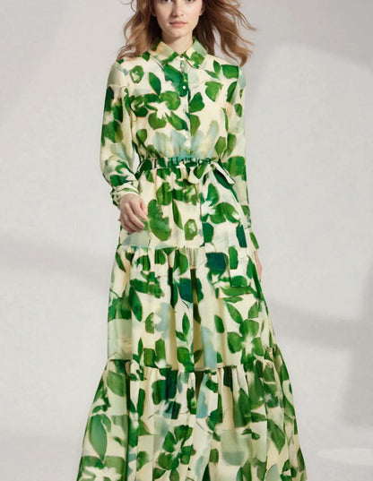 Dresses Women's New Belted Chiffon Print V-neck Chic Slim Long Dress Fashion Elegant Holiday Street Women's Dress