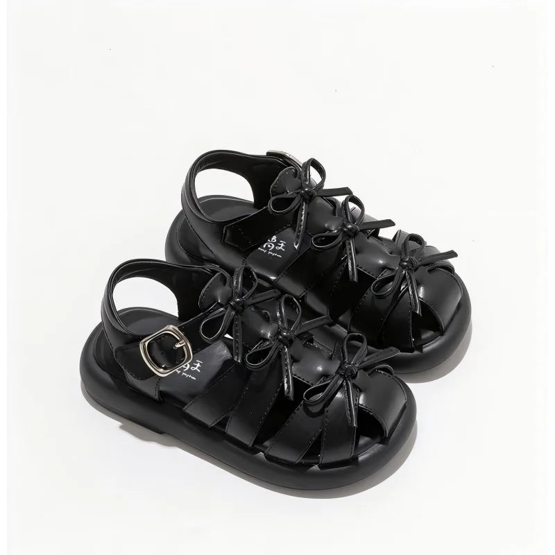 Kids'Casual Shoes Sandals PU Leather Bow Fashion Summer Shoes For Girls Hook and Loop Anti-slip Silver Black Shoes Size 26-36