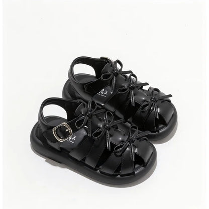 Kids'Casual Shoes Sandals PU Leather Bow Fashion Summer Shoes For Girls Hook and Loop Anti-slip Silver Black Shoes Size 26-36