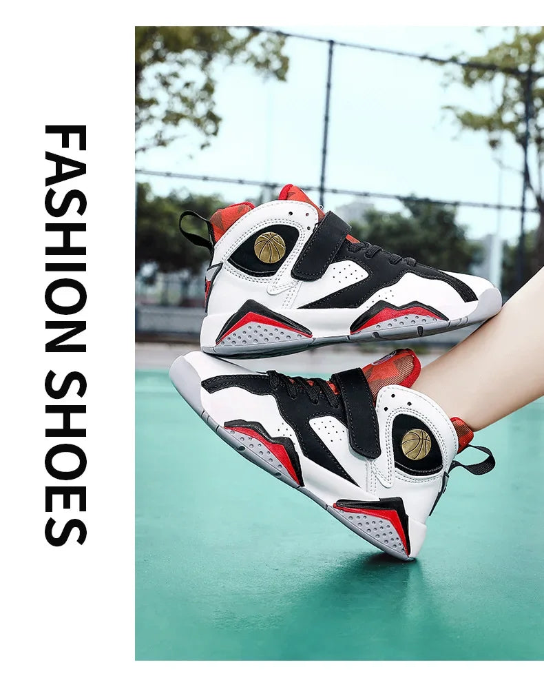 Children Summer High Top Basketball Shoes Boy Breathable Anti Slip Casual Sneakers Man Velcro Non Slip Rebound Kid Running Shoes