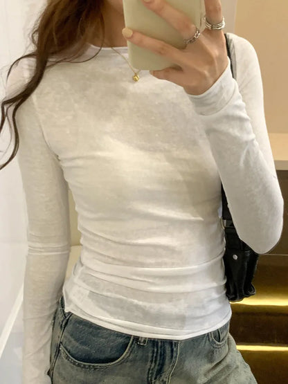 2024 Spring Autumn T shirt Women Tops Solid Slim Fit Long Sleeve O Neck Tshirts Female Casual Streetwear High Quality Base Tees