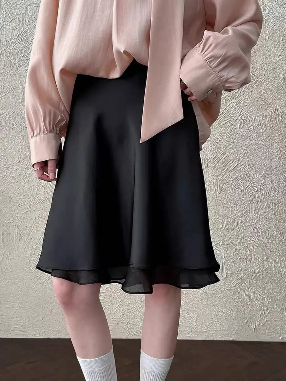 Elegant Satin Women Skirts Solid Zipper Faldas Mujer Ladies Double-layer Casual Chic Black White Dot Mini Skirt Korean Summer