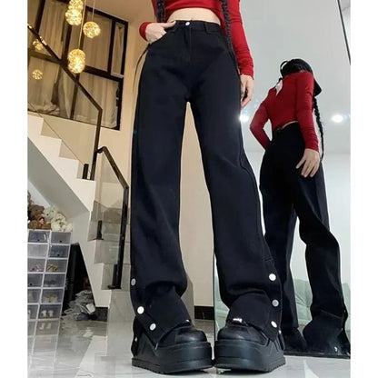 High Waist Jeans Women Black Baggy Straight Leg Denim Trousers