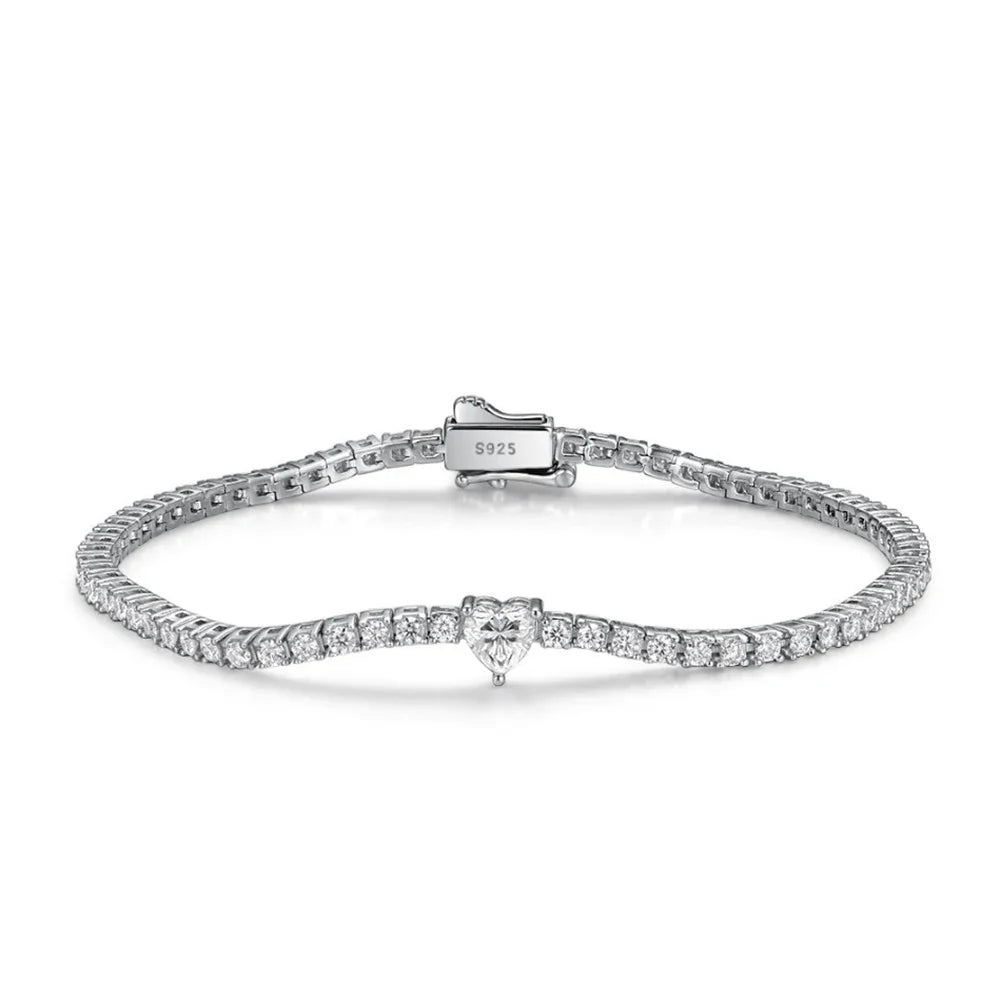 2mm Round Moissanite Tennis Bracelets with 5mm Pink White Heart Cut Diamond Bracelet for Women Men 925 Sterling Silver Bangle