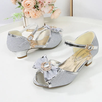 New Girl's High Heel Shoes for Kids Party Wedding Fashion Princess Causal Dress Shoes Sequins Versatile Children's Crown Sandals