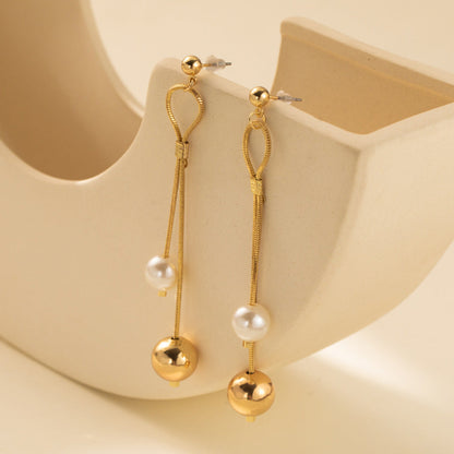 Pearl Long Tassel Drop Dangle Earrings for Women Luxury Gold Color Stainless Steel Ball Stud Jewelry