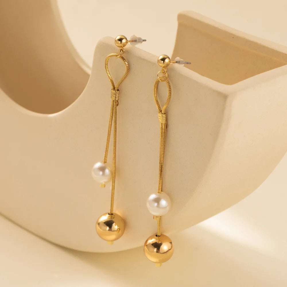 Pearl Long Tassel Drop Dangle Earrings for Women Luxury Gold Color Stainless Steel Ball Stud Jewelry