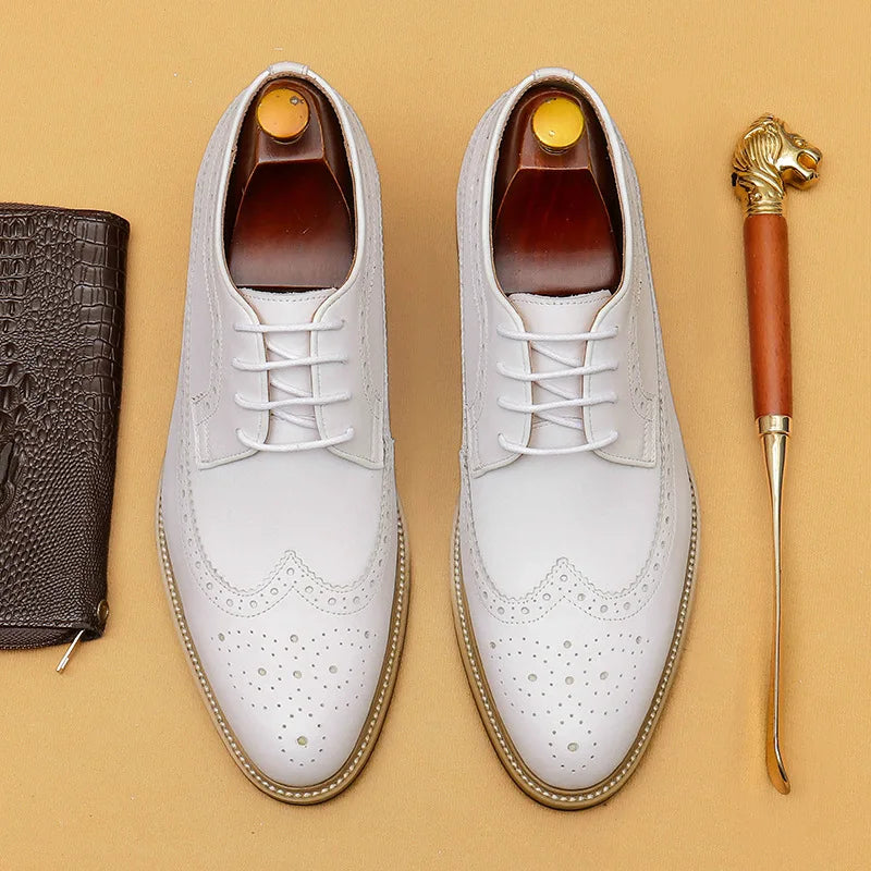 Luxury Men's Dress Shoes Genuine Leather Brogue Wingtip Toe Oxford White Lace-Up Business Wedding Formal Men Shoes