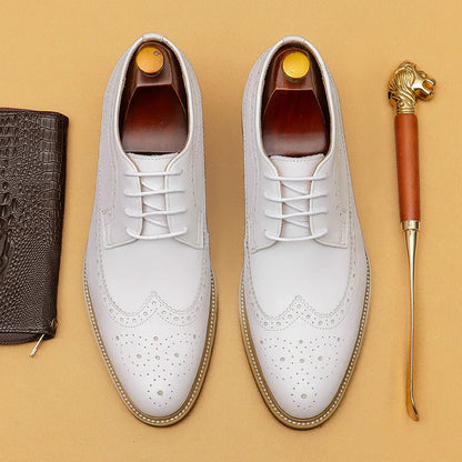 Luxury Men's Dress Shoes Genuine Leather Brogue Wingtip Toe Oxford White Lace-Up Business Wedding Formal Men Shoes