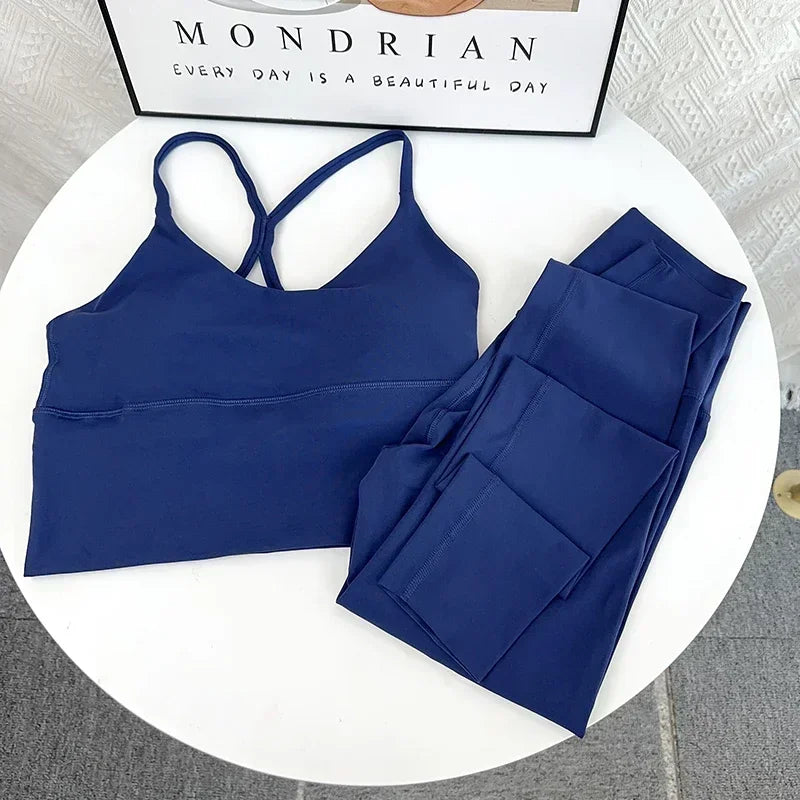 2 Piece Yoga Set Sportswear Fitness Suits Sexy Cross back Yoga Tops Elasticity High Waist Leggings Running Sports Clothing