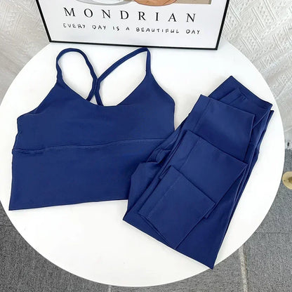 2 Piece Yoga Set Sportswear Fitness Suits Sexy Cross back Yoga Tops Elasticity High Waist Leggings Running Sports Clothing