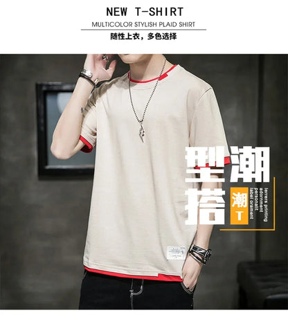 Classic Fake Two Short Sleeved Men's Pure Cotton T-shirt, Men's Summer Men's Interior Matching Trendy Brand T-shirt