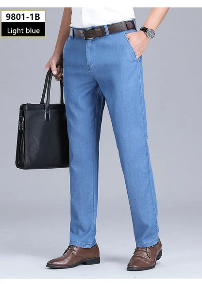 2026 New Men's Summer Jeans Thin Loose Stretch Large Size Ice Silk Straight Pants Elite Business Casual Pants Smoke Gray Blue