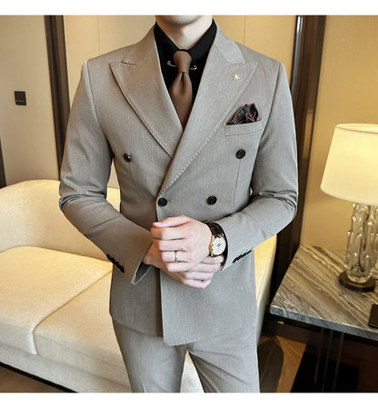 (Jackets+Pants) Luxury Double Breasted Design Slim Fit Suit High Quality Fashion Men's Wedding Social Suit Tuxedo 2 Piece Set