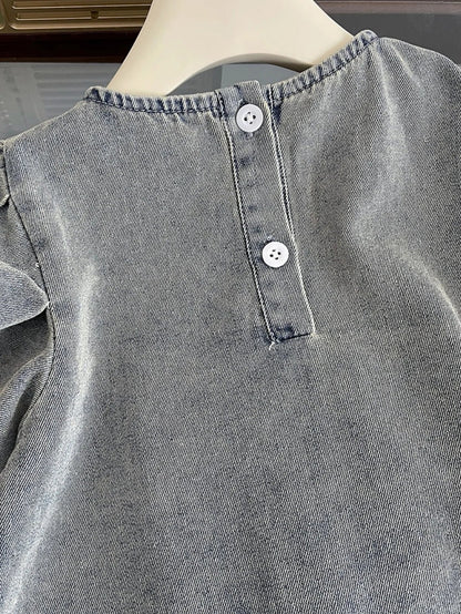 Girls Denim Dress Summer Korean Style Kids Puff Sleeve Jean Dress Light Blue Washed Soft Children Dresses Toddler Girl Clothing