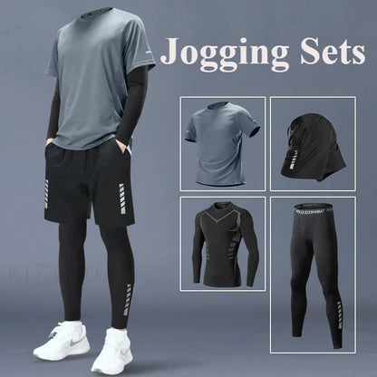 Fitness Clothes Ice Silk Quick Drying T-shirt Suit Men Short Sleeve Running Sportswear Shorts Tracksuit Gym Sports Training Sets