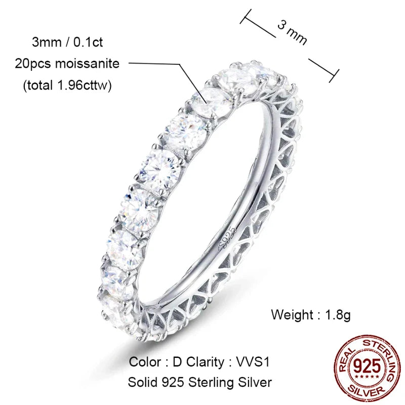 2mm Full Eternity Moissanite Ring 925 Sterling Silver D Color VVS1 Stackable Wedding Band For Women Fine Jewelry