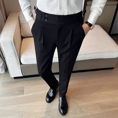 Autumn Winter High Waist Business Dress Pants Men Casual Belt Design Slim Suit Pants Formal Wedding Social Party Male Trousers