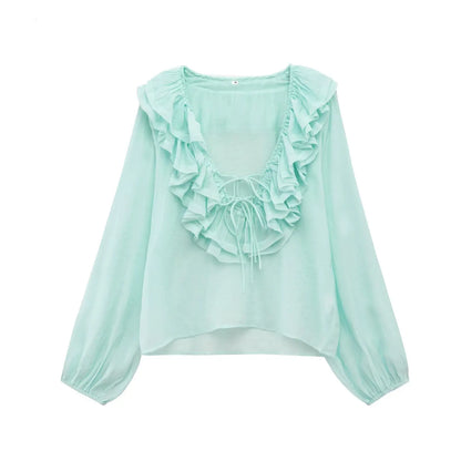 Women Fashion Long Sleeve V Neck Tierred Ruffles Loose Blouse Female Solid Color Casual Shirts Blusas Chic Tops LS6317