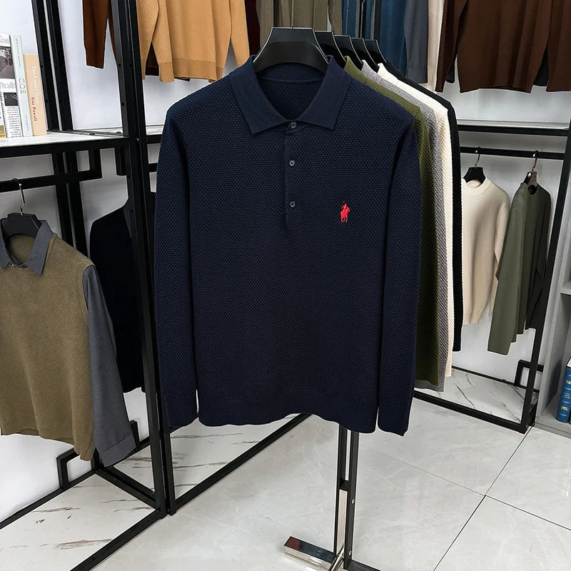 High-end Quality Men's Casual Outdoor Pineapple Pattern Knitted Long-sleeve Polo Shirt (eco-cotton, No Shrinkage No Deformation)