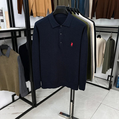 High-end Quality Men's Casual Outdoor Pineapple Pattern Knitted Long-sleeve Polo Shirt (eco-cotton, No Shrinkage No Deformation)