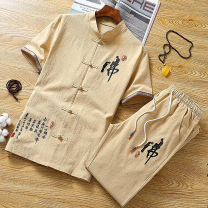 Summer Chinese style Shirts + Pants Dragon Embroried 100% Cotton linen Sportswear Men's Casual Sets Male Fashion Chinese style