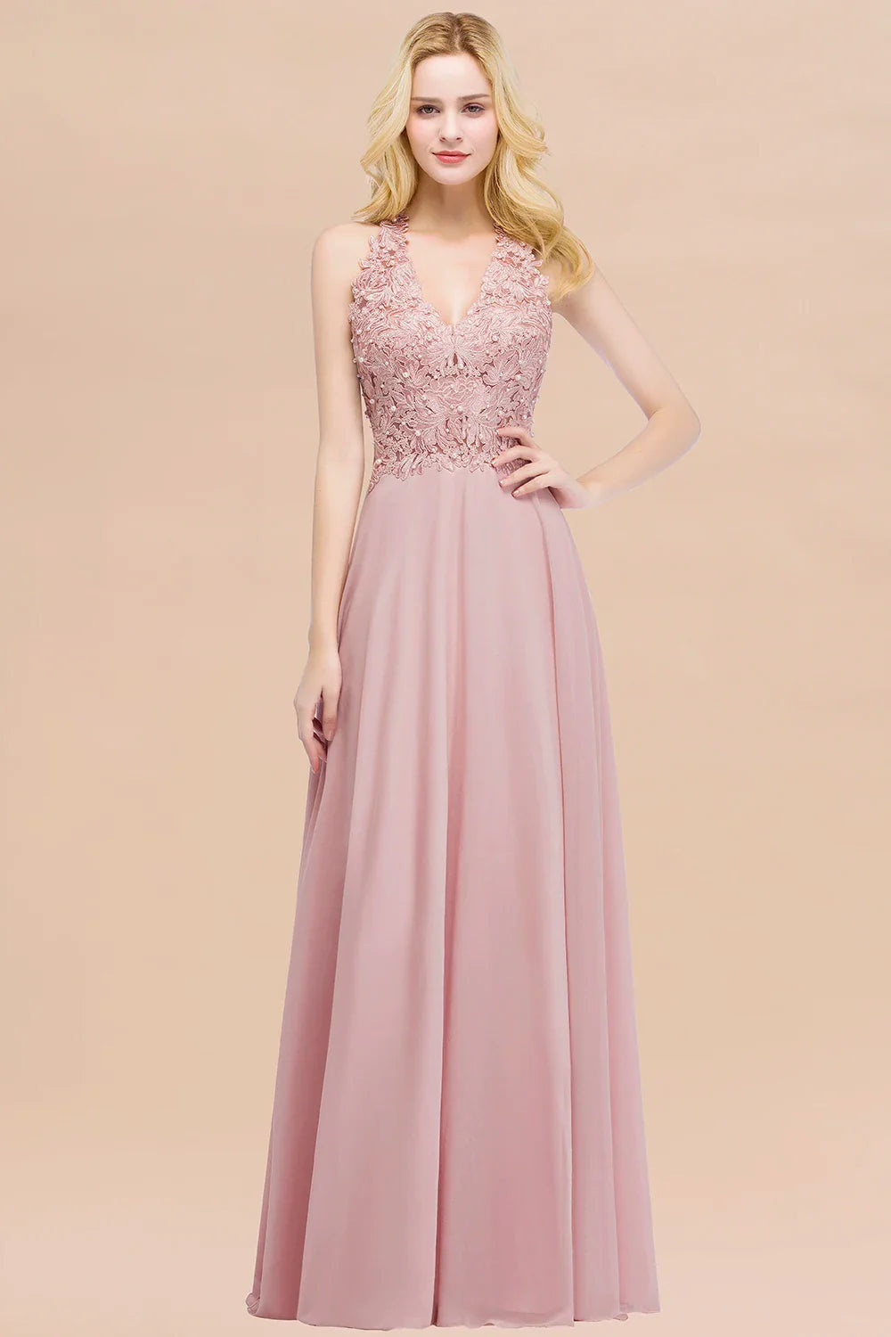 A-line V-neckline Chiffon Lace Pearls Beadings Floor-length Prom Dress Sleeveless Evening Elegant Party Dresses For Women 2024