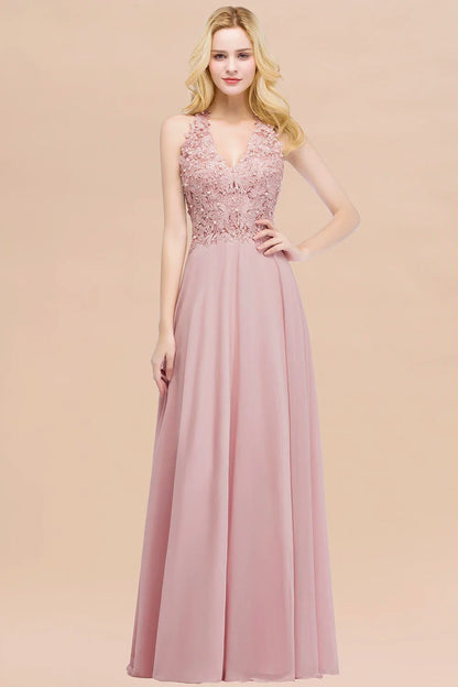 A-line V-neckline Chiffon Lace Pearls Beadings Floor-length Prom Dress Sleeveless Evening Elegant Party Dresses For Women 2024