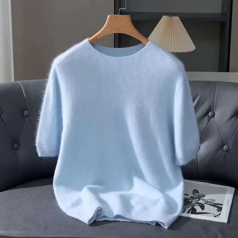 Men's Sweater Pullover Short Sleeved Summer Mink Knit Sweater Loose Round Neck Solid Color Half Sleeved Simple T-Shirt Casualtop