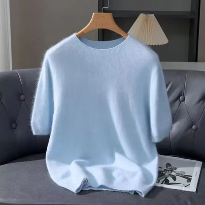 Men's Sweater Pullover Short Sleeved Summer Mink Knit Sweater Loose Round Neck Solid Color Half Sleeved Simple T-Shirt Casualtop