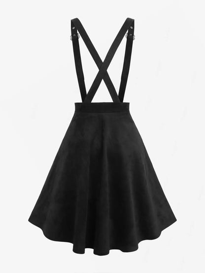 S-3XL Black Lace Up Crisscross Strappy Buckle Grommet Skirts Suspenders Detachable,  Women Casual Knee-Length Suspender Skirt