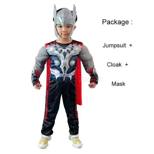 3pcs Kids Boys Thor Muscle Jumpsuit Cosplay Costumes Movies Character Superhero Halloween Children's Stage Performance Outfits