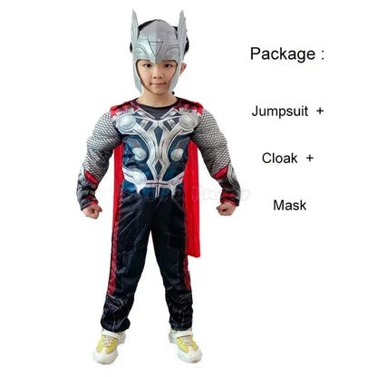 3pcs Kids Boys Thor Muscle Jumpsuit Cosplay Costumes Movies Character Superhero Halloween Children's Stage Performance Outfits