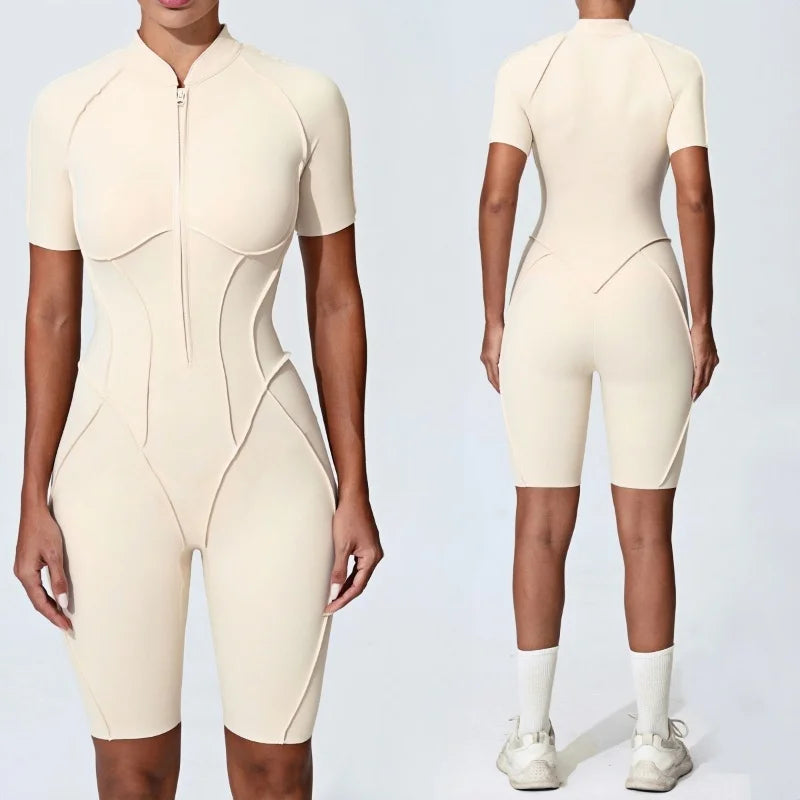 Zipper Short-sleeved Yoga Sports Fitness Jumpsuits Sets Without Chest Pad Tight Bodysuits Shorts Gym Workout Clothes for Women