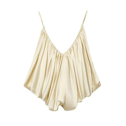 Women's Slip Tops Fashion Satin Pleated V-Neck Sleeveless Top Summer Sexy Female Chic Tops