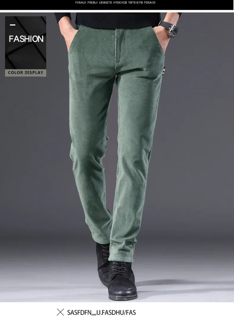 Men's Corduroy Slim Casual Pants 2024 Autumn New Coffee Fashion Stretch Straight Trousers Solid Color Male Clothes
