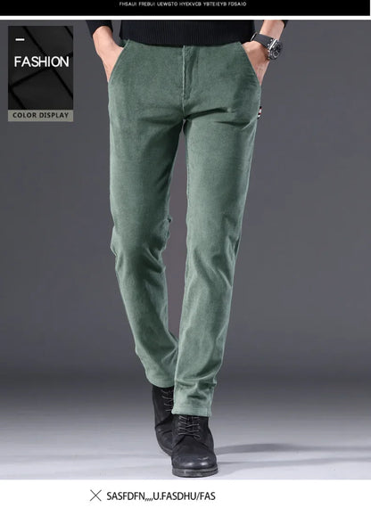 Men's Corduroy Slim Casual Pants 2024 Autumn New Coffee Fashion Stretch Straight Trousers Solid Color Male Clothes