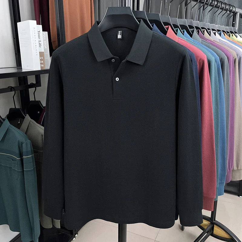 100%pure cotton autumn winter men's high-end designer fashionable long sleeved boutique button casual comfortable polo shirt top