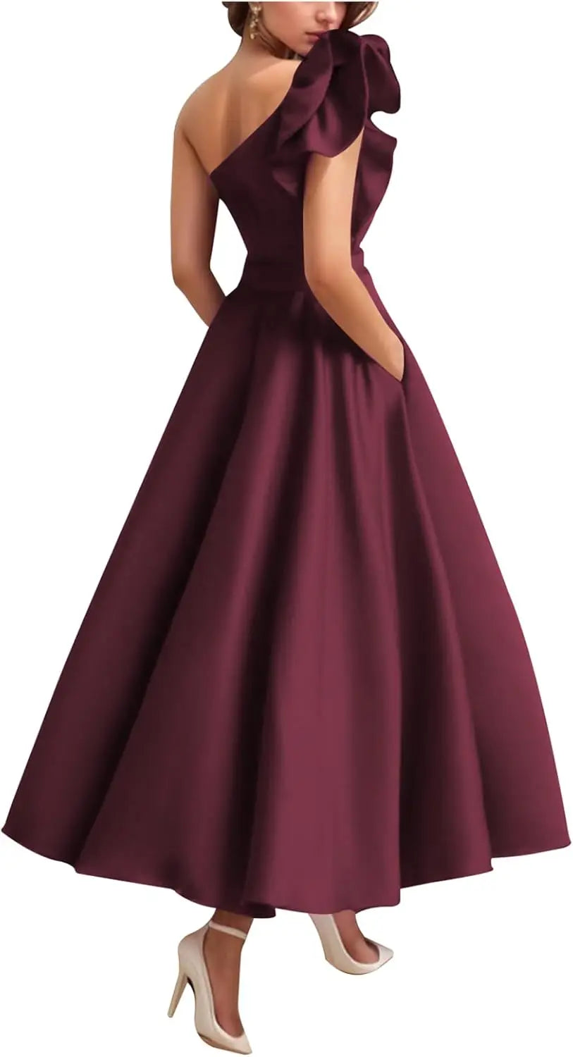 Women's One Shoulder Elegant Evening Dress with Pockets Satin Tea Length A Line Formal Wedding Guest Dress Prom Dresses