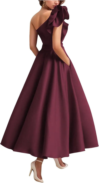 Women's One Shoulder Elegant Evening Dress with Pockets Satin Tea Length A Line Formal Wedding Guest Dress Prom Dresses