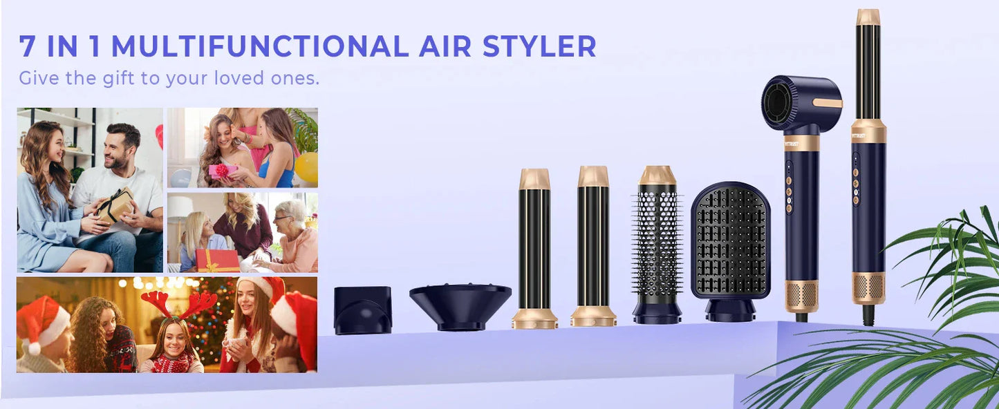 7 In 1 Hair Dryer Brush Brushless High Speed Hair Dryer with Diffuser Ionic Blow Dryer Hot Air Styling Comb Auto Hair Curler