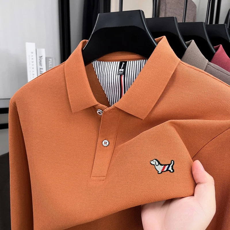 100% pure cotton autumn high-end luxury men's brand long sleeved polo shirt original embroidered dog design golf top T-shirt