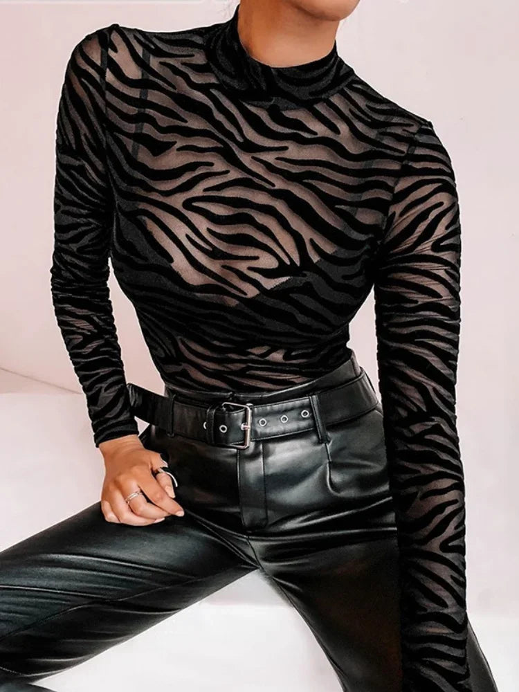 Black Striped Sexy Bodysuit Lingerie See Through Mesh Body Feminino Long Sleeve One-pieces Bustier Turtleneck Corset Tops Women