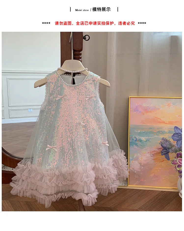 Kids Girls Fairy Princess Dress Sleeveless Bow Sequined Cake Dress Children Puffy Skirt Birthday Party Vest Tulle Dresses