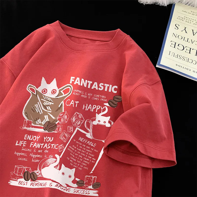 New Men Women T Shirt Pullover Oversize Korean version Cartoon Cat Group Printed T-Shirt Casual Short Sleeve Couples T-Shirt