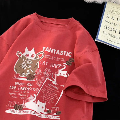 New Men Women T Shirt Pullover Oversize Korean version Cartoon Cat Group Printed T-Shirt Casual Short Sleeve Couples T-Shirt