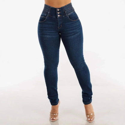 High Waist Elastic Denim Jeans Women plus Size Buttoned Slimming Pencil Pants