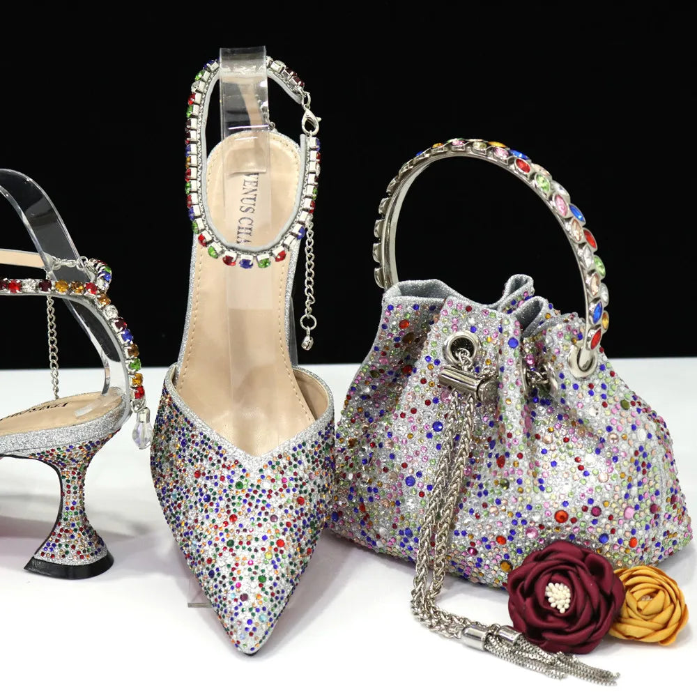 Pointed Shoes Bag Soft Handle Bag Anklet Design Medium Heel Ladies Shoes Suitable for Wedding Party
