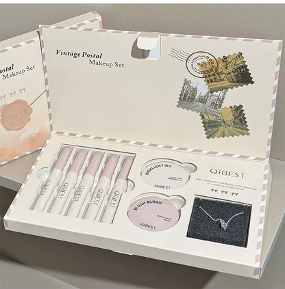 Retro Mail Makeup Set 5pc Matte Lip Mud,1 Blush,1 Highlight And 1 Necklace Gift Multipurpose Cosmetics Kits For Women
