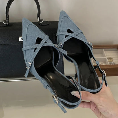 Sexy Street Style Buckle Strap Women Pumps Elegant Pointed Toe Thin Low Heels Slingback Banquet Party Shoes